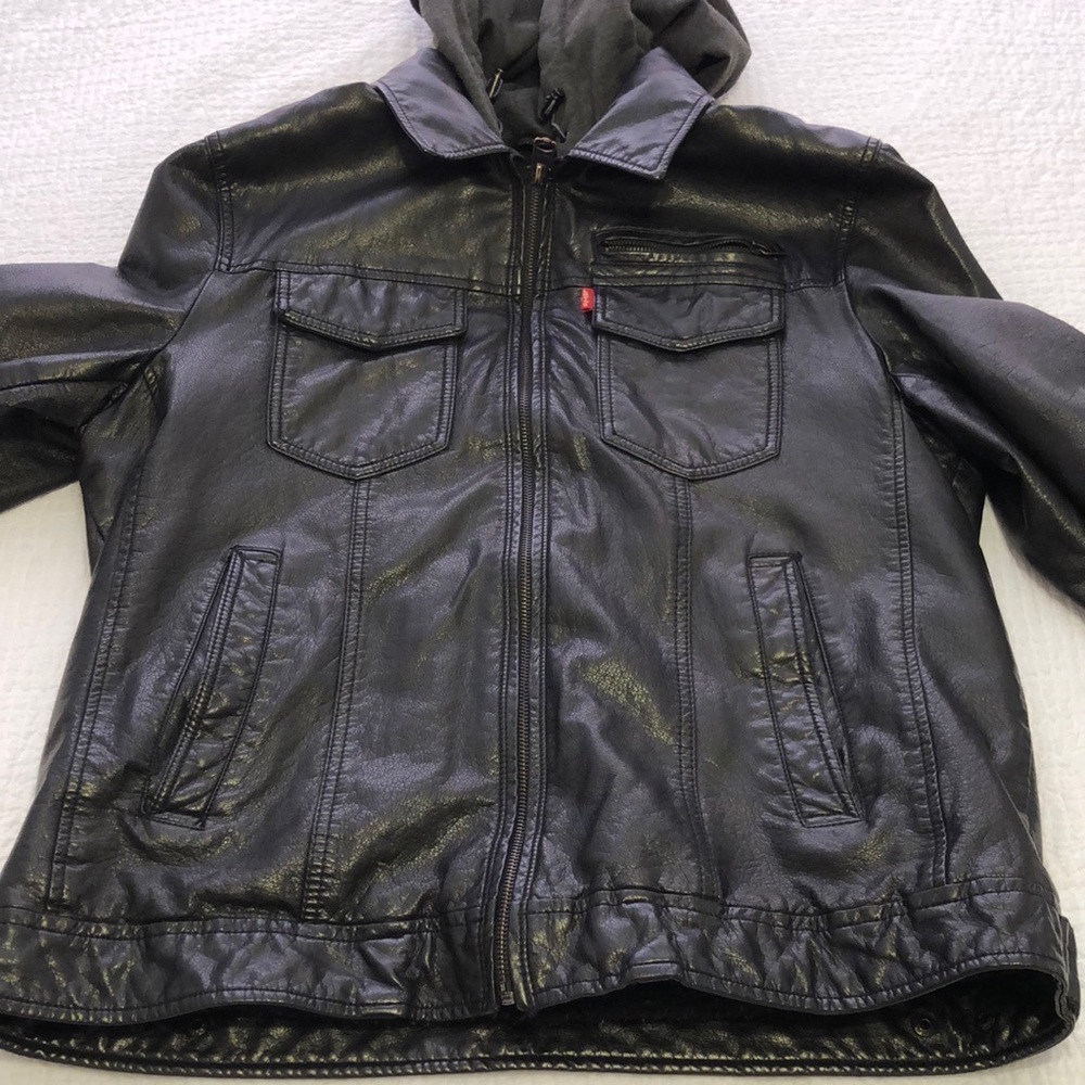Levi’s black faux hooded Sherpa trucker jacket.  Size L